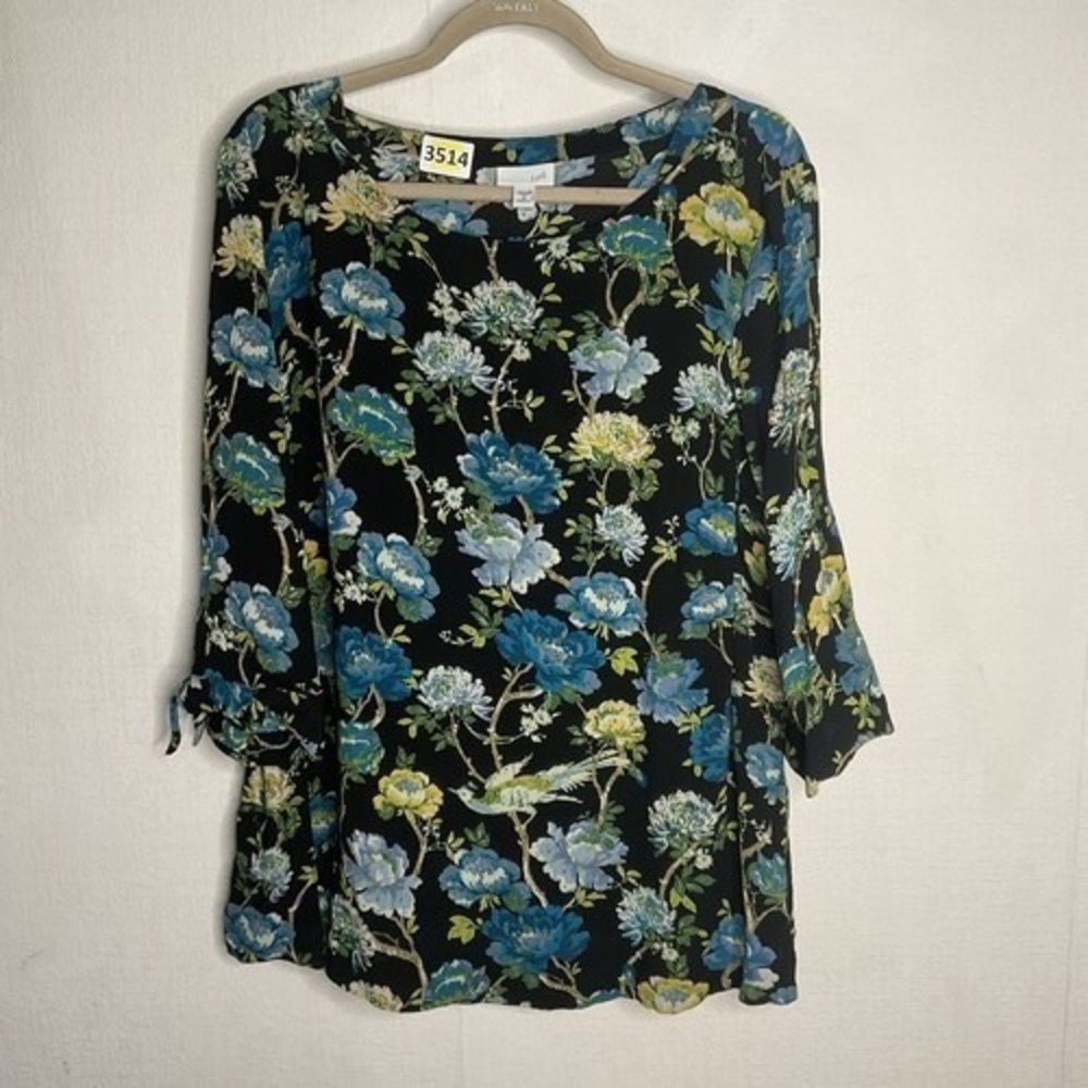 NWIP‎ J. Jill Dark Floral 3/4 Length Tie Sleeve BoatNeck Blouse Women 2X China